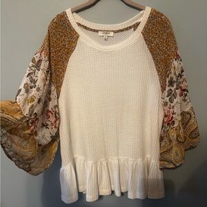 Umgee White Peplum Top with Mustard Floral Patchwork Sleeves
